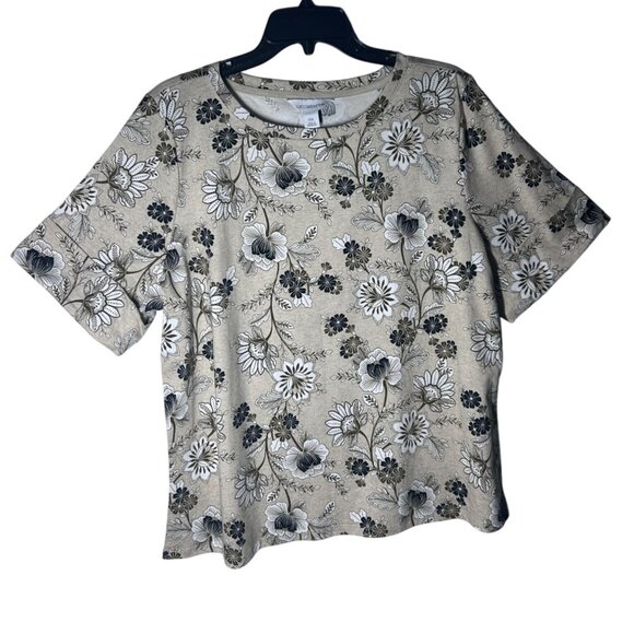 Liz Claiborne Floral Print Short Sleeve Top Women's Size XXL Beige‎ Cotton NEW - Picture 1 of 8